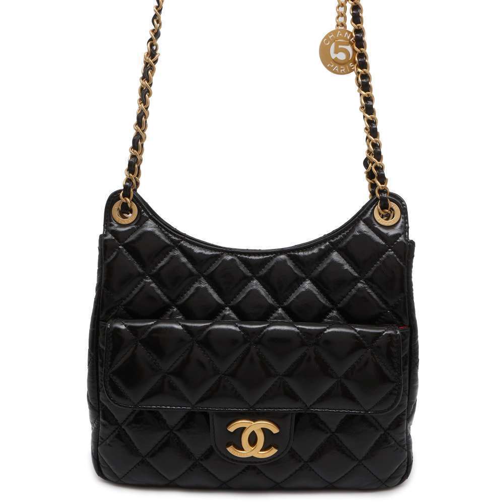 Chanel Hobo Matelasse Cocomark Calf Leather Shoulder Bag Black